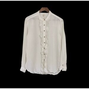 Pilcro Linen Blend White Ruffle Button Shirt Women's M Boho Cottagecore‎